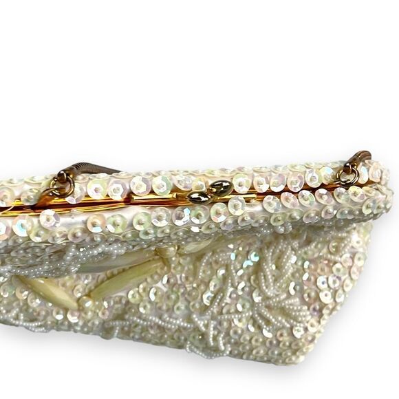 Vintage Opalescent Sequin Seed Bead Kisslock Snake Chain Evening Frame Purse - Picture 9 of 16